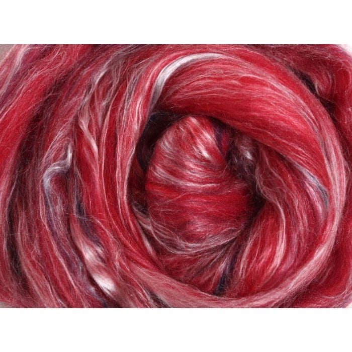 Close-up of red fibre with highlights of gray and white silk