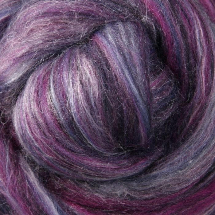 Close-up of a hank of purple and gray fibre