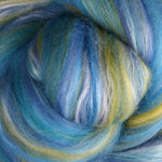 Close-up of blue and green fibre with a swirling pattern